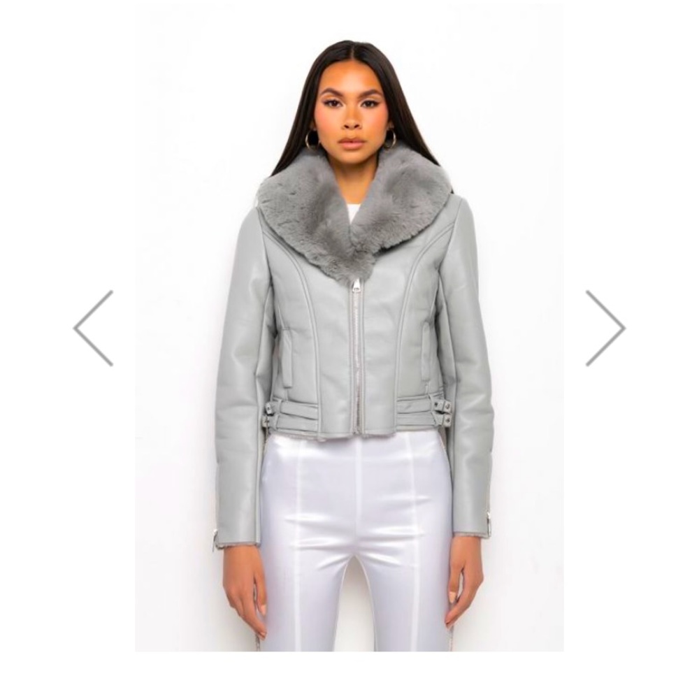 Azalea Wang Bonded Fabric Grey Gray Moto Jacket Plush Fur Collar NWT